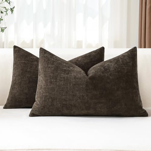 JOTOM 2er Set Chenille Kissenbezüge, Dekorative Weich Einfarbig Wurf Kissenbezug Moderne Kissenhüllen Sofakissen Dekokissen Zierkissenbezug für Wohnzimmer Schlafzimmer Deko (30x50cm, Braun)