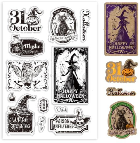 PH PandaHall Transparente Stempel „Happy Halloween“ Klare Stempel Mit Der Aufschrift „Hexe Trick Oder Treat“ Gummistempel Für Tagebuch Album Karte Basteln Scrapbooking Dekoration