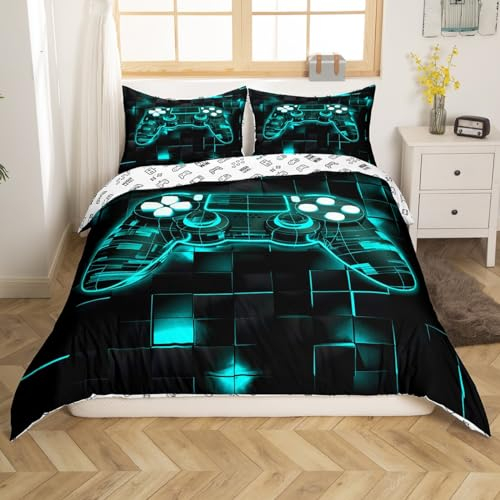 Spiel Bettwäsche Sets für Jungen,Gaming Tröster Bezug 135x200,Kinder Gamer Bettbezug Neon Lichter Gamepad Bett Set für Teen Männer,Geometrie Plaid Bettbezug Reverse mit 1 Kissenbezug,Mintgrün
