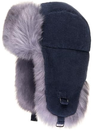 Futrzane Trappermütze aus Cord - Ushanka Damen - Winter Mütze mit Ohrenklappen (S, Marineblau - Stahlblau Siberian)