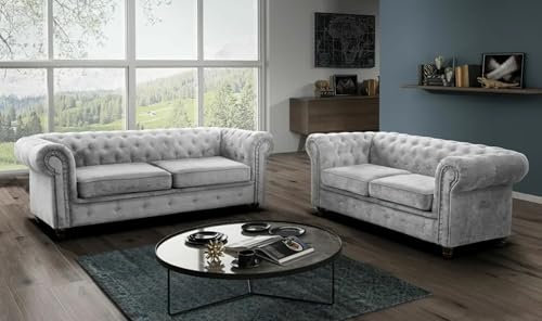 Easy4You Chesterfield Silber Velvet Set 3-Sitzer + 2-Sitzer Sofa Sofas für Wohnzimmer Sofagarnituren mit Holzfüße Set Sofas & Couches