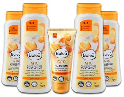 6er Set: Balea Bodylotion Q10, 4x400 ml Strafft & festig die Haut nach 2 Wochen, Handcreme Q10 mit Aprikosenöl und LSF15, 1x100 ml + Topfpflanze, künstlich