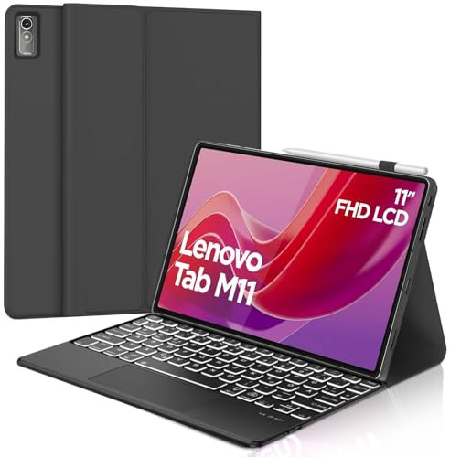 WINCHKING Hülle Mit Tastatur Für Lenovo Tab M11 2024, Hülle Tastatur Für Lenovo Tab M11 Tb330 11 Zoll, 7 Farben Beleuchtung, Bluetooth Magnetisch Abnehmbarer Mit Qwertz Layout, Schwarz-Touchpad