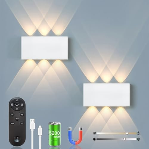 2pcs Akku Wandlampe, mit Fernbedienung Touch Control Schalter LED Magnetisch Akku Wandleuchte 5200mAh Kabellose Wandlampe 3 Modi Helligkeitsstufen, ideal für Loft Flur Schlafzimmer (Weiß)