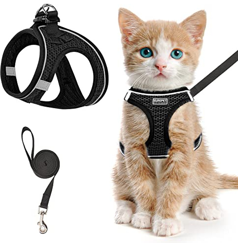 Cat Harness and Lead Set for Walking Escape Proof, Adjustable Kitten Vest Harness Reflective Soft Mesh Puppy Harness for Outdoor, Comfort Fit, Easy to Control (Black, L)