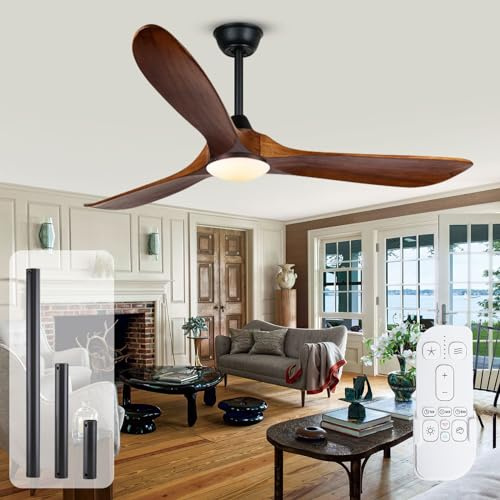 Ventilador de techo retro para exteriores con lámpara y control remoto, ventilador de techo de 132 cm con función de memoria, motor CC y 3 aspas de hélice de madera para patio, dormitorio y casa de
