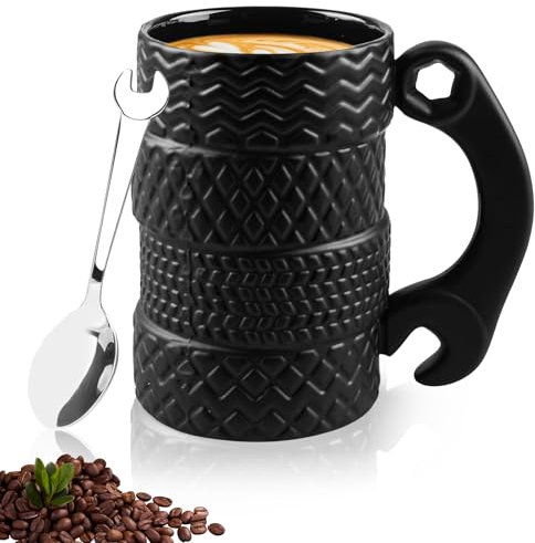 WANDGU Taza de neumático de gran capacidad 500 ml: taza de cerámica creativa en forma de neumático con cuchara, taza de café de cerámica grande para hombres, oficina, amantes de los coches, hogar,