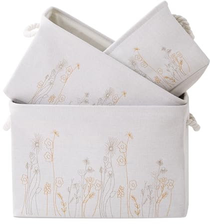 Cesta de almacenamiento de 3 unidades, cesta de almacenamiento de tela para tres tamaños, bordado de flores, cestas de almacenamiento de lona plegables para organización, estantería, guardería (Grau)
