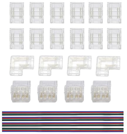 Clearhill Kit de connecteurs d'angle 4 broches 10mm 24 pièces transparents sans soudure pour bandes COB LED,bande-fil 4P,bande-bande 12P,en L 4P,fils rouge et noir 4P