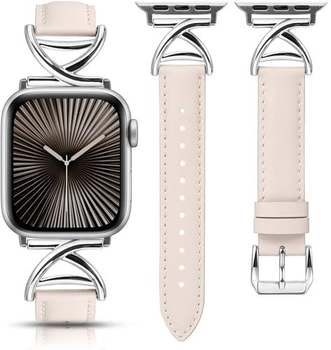 TOYOUTHS Leather Straps Compatible with Apple Watch Strap 38/40/41/42mm Women, Slim Dressy Soft Leather Bracelet with A-Shape Metal Buckle for iWatch 11 10 9 8 7 6 5 4 SE 3 2 1, Starlight/Silver