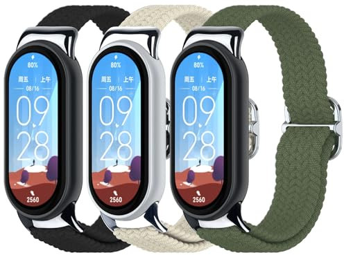 AXFEE 3 Pack Armband Kompatibel mit Xiaomi Mi Band 8/ Band 9, Weiches Verstellbare Fitness Ersatzbänder, für Mi-Band 8/ Band 9 armband, Metallschnalle, Gewebtes Ersatzarmbänder(Schwarz/Weiß/Grün)