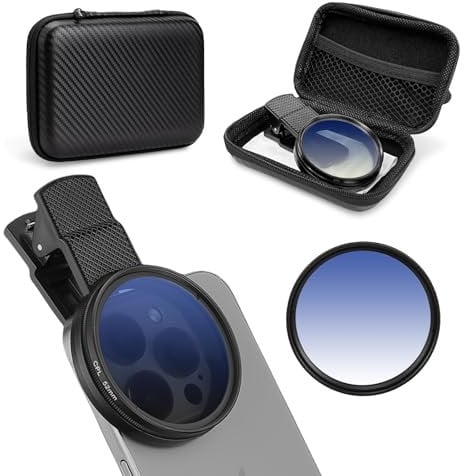 AMFUN 52mm Filtre CPL, Filtre Polarisant Circulaire Réduction des Reflets et des Éblouissements,Adaptateur à Clipser pour iPhone, Samsung et Autres Smartphones