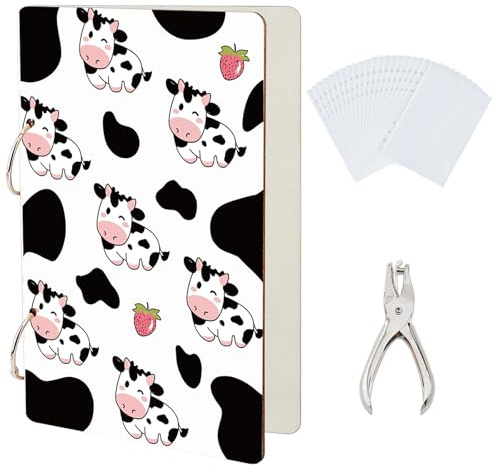 SUPERDANT Grußkarten Organizer Mit Cartoon Kuh Motiv Tier Grußkarten Ordner Lustiger Kartenhalter Aus Holz 2 Ring Postkartenalbum Für Geburtstage Und Hochzeiten Mit Locher Und 20 Taschen