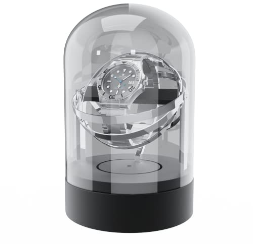 Elestoria Orbit Watch Winder – Single Automatic Watch Winder with Glass Display Cover | Quiet Motor, Gyroscope Rotation, Luxury Mechanical Watch Winder Box (Silver)
