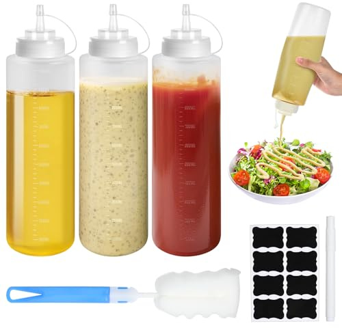 fengxuanwl 3 Pcs Sauce Bottle with Nozzles, 32oz/1000ml Squeeze Bottle, Reusable Plastic Squeezy Bottles, Sauce Dispenser with Cleaning Brush Pen Sticker for Sauces Syrup Oil Paint