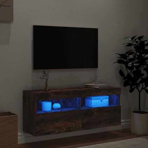 Homvdxl LED Floating TV Unit, 100cm Wall Mounted TV Unit with LED Lights, Hanging Entertainment Centre With Door for Living Room and Bedroom (Oak+Rustic)