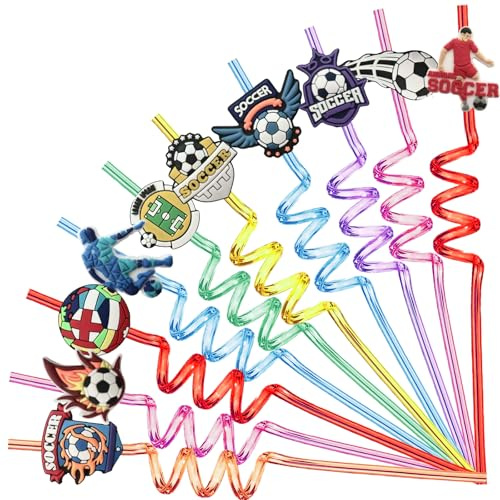 LUKIUP 10 Pièces Football Straws Spirale, Pailles Enfants Reutilisables, Pailles Réutilisables en Plastique, Pailles en Football pour les Enfants