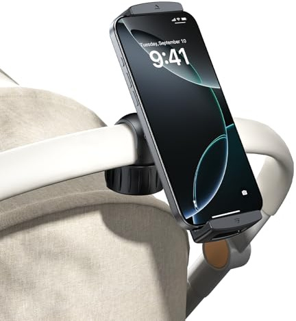 nediea Pram Phone Holder, Adjustable Phone Holder for Stroller, 360 Degree Rotation, Clamp Mount Phone Stand for Pram, Suitable for Golf Trolley, Treadmills Indoor, Shopping Cart