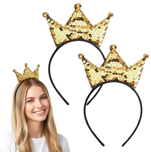 Jeffdad 2 Stück Pailletten Krone Stirnband, Glitzer Kronen Gold Prinzessinnen Stirnbänder Glänzendes Haarreif Geburtstag Kopfbedeckung Haarschmuck für Dekoration Geburtstag Kostüm Karneval Party