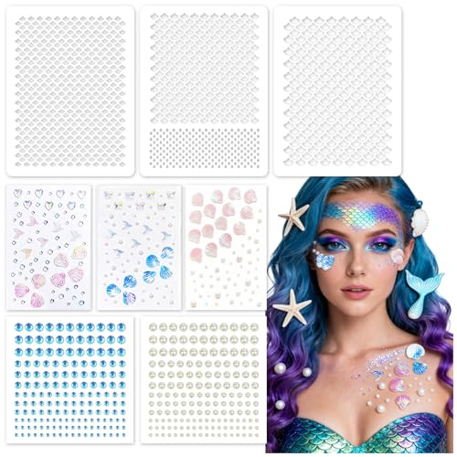 Meerjungfrau Make up Set, Fischschuppen Schablonen, Glitzersteine zum Aufkleben, Meerjungfrauen Kostüm Damen, für Fasching Party Dekoration, Damen Kostüm Zubehör, Festival Glitzer
