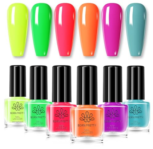 BORN PRETTY Neon Nail Polish Set 6 Colors Hot Pink Bright Colors Nail Polish Air-Dry Long-lasting Nails Varnish Set for Holiday Party