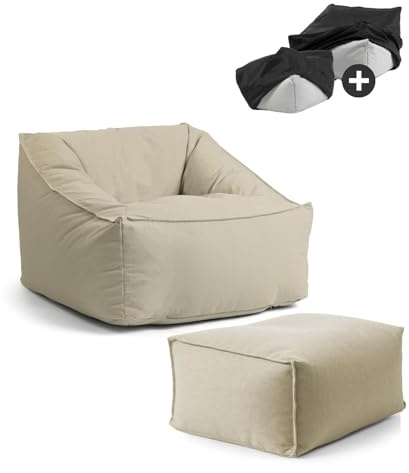 mokebo Gartensessel mit Hocker & Schutzhülle 'Der Sunnyboy' Made in Germany, Outdoor Sitzsack, Bean Bag mit Füllung, als Liegekissen, Gartenliege, Relaxliege, Bodenkissen oder Liege in Sand
