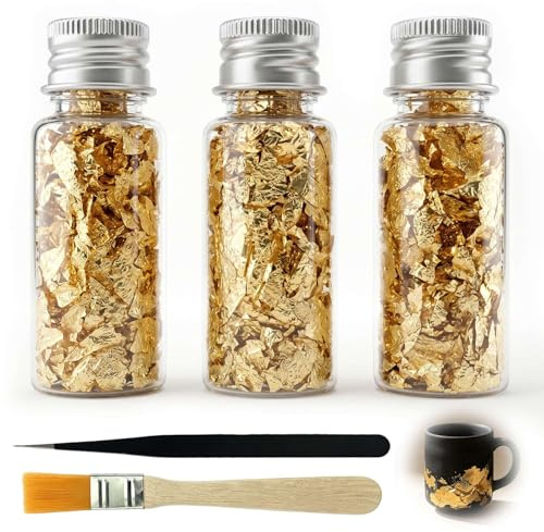 QYHON Essbares Blattgold für Torten, 3 Flaschen mit Pinzette & Pinsel | Tortendeko Gold & Torten Deko Essbare, Blattgold Essbar für Tortendeko Kuchen & Dessert Kunsthandwerk & Dekoration