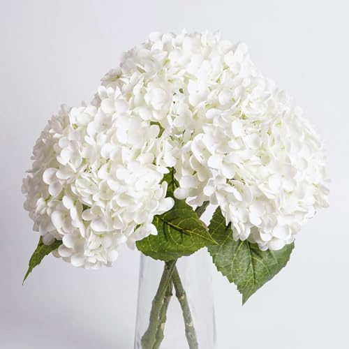 3 Pcs Hydrangea Artificial Flowers Realistic Latex Faux Hydrangeas Flowers Real Touch Full Heads, Lifelike Long Stem & Leaves for Wedding Outdoor Table Centerpieces Home Party Decoration (White)