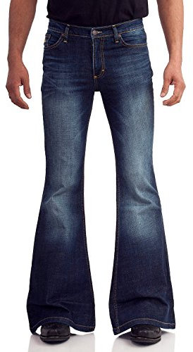 Comycom Jean bleu foncé usé années 70, pour homme, coupe bootcut, évasé, style usé, bleu foncé, 29W / 34L
