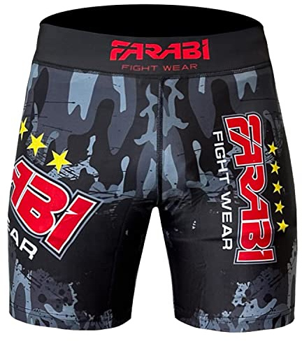 Farabi Sports Compresión Vale Tudo Shorts, Artes Marciales, Grappling Shorts, Calzones Kick Boxing y Pantalon Compresión Corto Running Hombre (FR/ES, Letras, M, Regular, Corto, Camo/Grey)