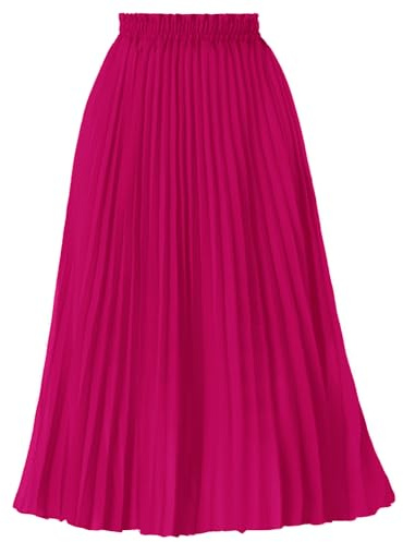 GOOBGS Women's Pleated A-Line High Waist Flowy Midi Skirt Fuchsia M