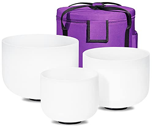 432HZ Sound Healing 8''-12'' Set of 3 Crystal Singing Bowls, Frosted Chakra Quartz Crystal Sound Bowl Set 8'' B Crown, 10'' E Solar Plexus, 12'' C Root with Carry Bags