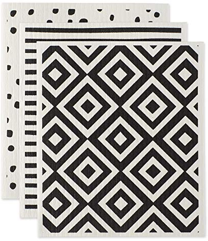 DII - Paños suecos para Cocina y Limpieza, Reutilizables, Lavables a máquina y Aptos para lavavajillas, biodegradables, 19,6 x 17 cm, Blanco y Negro, 3 Unidades