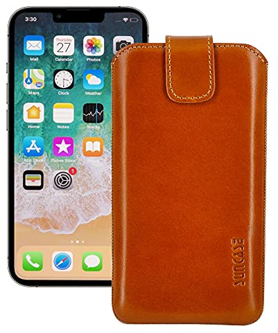 Suncase ECHT Leder Tasche kompatibel mit iPhone 13 PRO (6,1 Zoll) mit ZUSÄTZLICHER Transparent Hülle | Schale | Silikon Bumper Handytasche (mit Rückzugsfunktion und Magnetverschluss) in Cognac