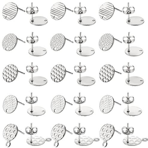 UNICRAFTALE 60 Stk 5 Stile Flache Runde DIY Ohrringe Zubehör Strukturierte Ohrstecker Rohling Edelstahl Strukturierte Ohrringe Selber Machen Set Metall Ohrringe Basteln für Damen Schmuckherstellung