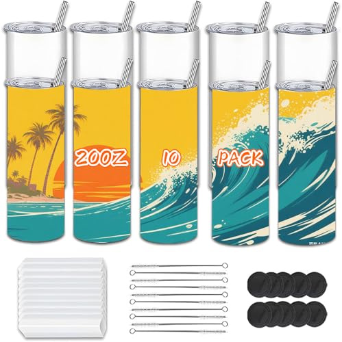Kocdam Lot de 10 gobelets à sublimation de 591 ml en acier inoxydable à double paroi avec couvercle et paille, revêtement polymère pour transfert de chaleur