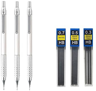 0,3 0,5 0,7 2,0 mm Kunst Zeichnen Automatische Bleistifte Niedriger Schwerpunkt Druckfeder Metall Druckbleistift mit Geschenkbox Set (0,7 Silber Geschenkbox)