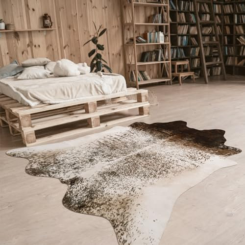 Goideal Teppich aus Rindsleder, Kuhfell-Teppich, 157 x 140 cm, Braun-Weiß, für Wohnzimmer, Schlafzimmer, Heimbüro