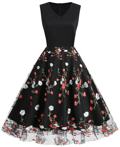 IWEMEK Femme Robe Cocktail Soirée Vintage Rétro Année 1950 Fleurie Broderie en Tulle Retro Pin Up Rockabilly Swing Robe de Bal fête Mariage Demoiselle d'honneur Cérémonie Noir Fleur L