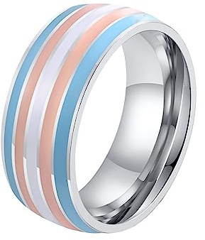 OAKKY Unisex 8mm Einzigartig Cool Emaille Regenbogen Streifen LGBT Homosexuell Stolz Ring Edelstahl Eternity Paar Hochzeit Band