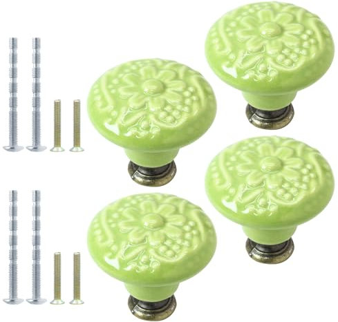 Suiwotin 4pcs Lime Green Ceramic Knobs, Vintage & Retro Kitchen & Dresser Knobs & Pulls for Closet, Cupboard & Furniture Doors