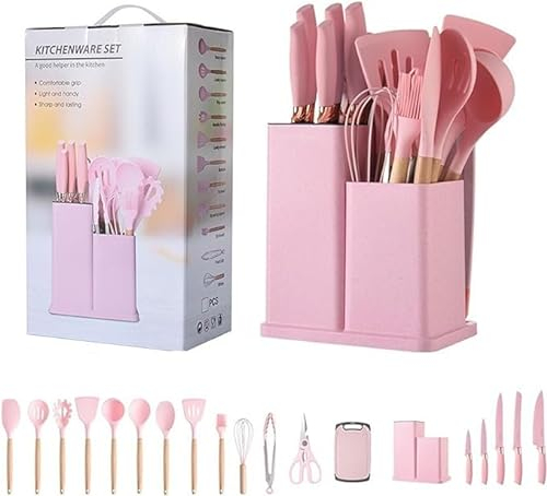 TSJESMIC Set Di Utensili Da Cucina E Coltelli Da Cucina Da 19 Pezzi, Utensili Da Cucina in Silicone Con Manico in Legno Con Pinze, Lavati in Lavastoviglie, Senza BPA,Rosa