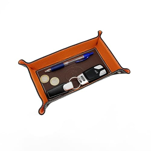 FrasiBags Vaciabolsillos de Piel Made in Italy, Bandeja de Valet Porta Objetos de Piel, Organizador de Escritorio Rectangular Medio (Marrón)