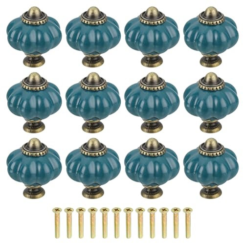Sourcing Map 12pcs Ceramic Pumpkin Knobs, Teal Knobs Decorative Pulls, Vintage Drawer Pulls with 12 Screws for Cabinet Drawers, Closets, and Cupboards (38mm/1.5)