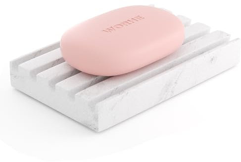 WORHE Nature White marble stom Soap Dish Holder, Suitable for Face soap on Bathroom Holder, Sponge Dish with Self-Draining Design, Shower, Kitchen, Sink decor WH044