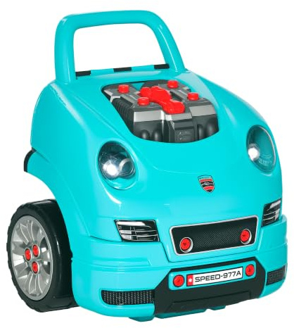 HOMCOM Officina Camion Giocattolo Bambini con Motore, 61 Accessori, Azzurro | 3-5 Anni, Ruote e Maniglia, Meccanico Bambini, 40x39x47cm