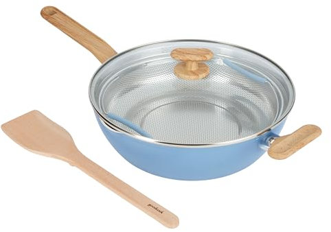 GoodCook Healthy Ceramic Titanium-Infused All-in-One Pan with Tempered Glass Lid, Steamer Basket, and Spatula, Light Blue – Induction Cookware, Nonstick Cooking Pan, Food Cooker and Steamer