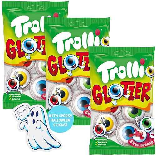 Trolli Glotzer Halloween Süßigkeiten - 3 Tüten à 75g mit je 4 Augen (insgesamt 12 Glotzer) - Laktose- und Glutenfrei, inkl. Geister-Sticker - Perfekt für Schultüten, Pinatas und als Party Deko