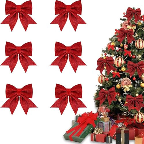 FiveMileBro Weihnachtsschleifen, Schleifen Weihnachten Glitzer, Weihnachtsbaum-Schleife, für Weihnachten Dekoration, Familienfeiern, Hochzeitsfeiern (6 Stück)