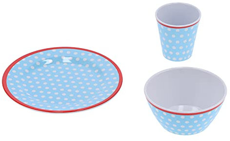 Qukaim Vajilla de melamina de 12 piezas, vajilla de lunares azul claro, incluye tazas, cuencos, platos para el hogar, restaurante, suministros de cocina